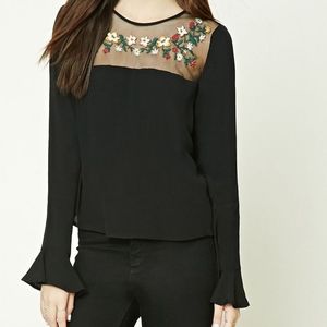 F21 M floral embroidered mesh yoke flutter top